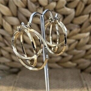 VINTAGE PIERCED EARRINGS GOLD TONE HOOPS 3 RINGS 1.25in